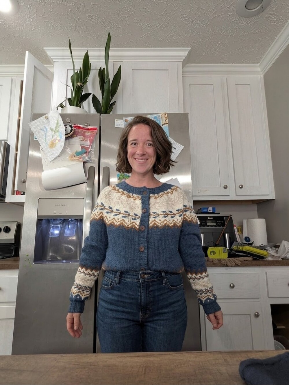 Hand Knit Blue Fair Isle Button-Up Sweater Cardigan - Picture 9 of 10